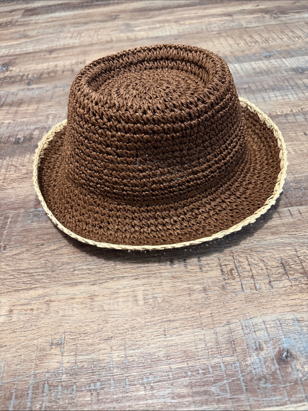 LOFT Brown Crochet Straw Hat with Natural Trim- NWT